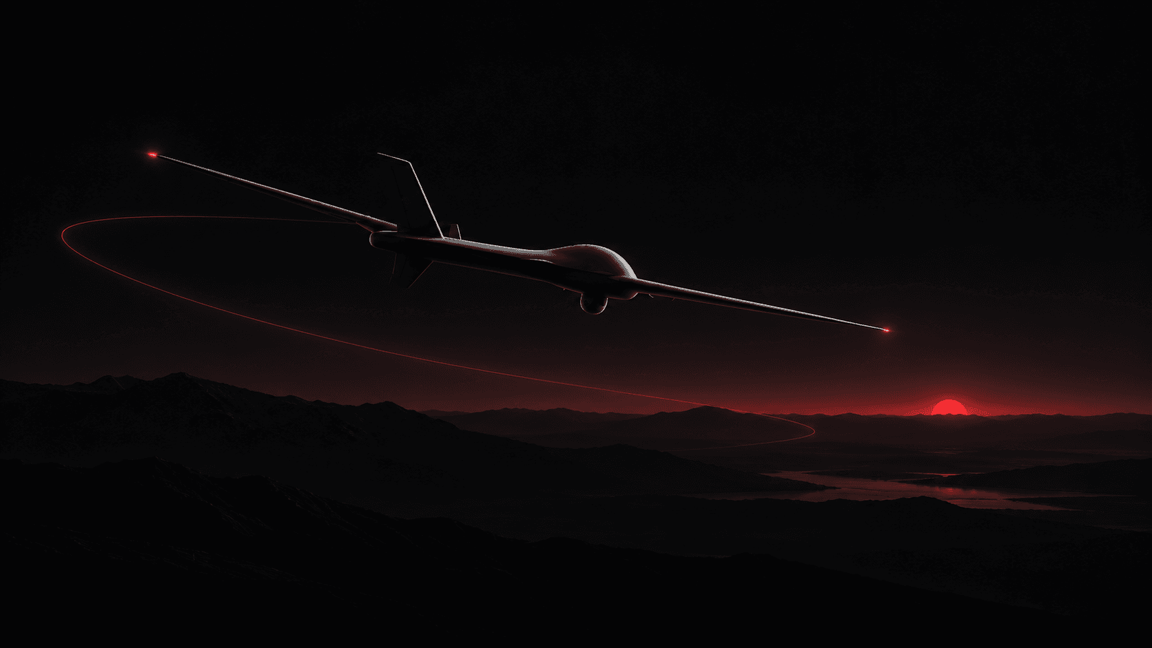Illustrative application concept: an aircraft following a red flight path over mountain terrain.