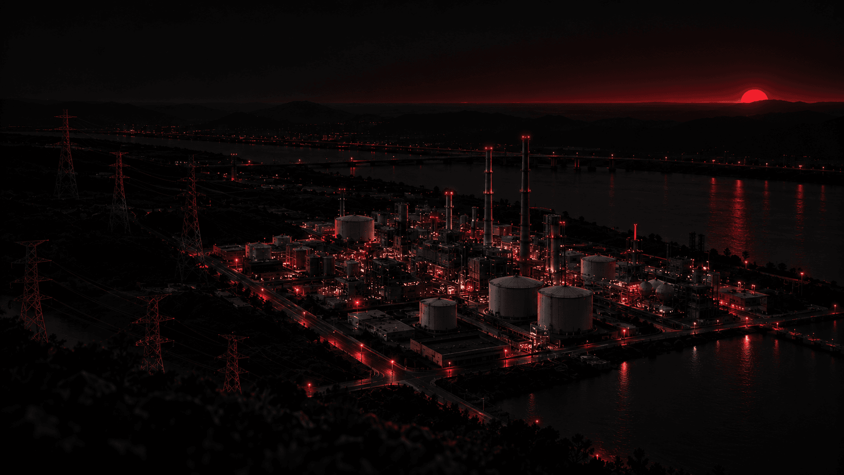 Illustrative application concept: an aerial view of a coastal industrial facility and power infrastructure.