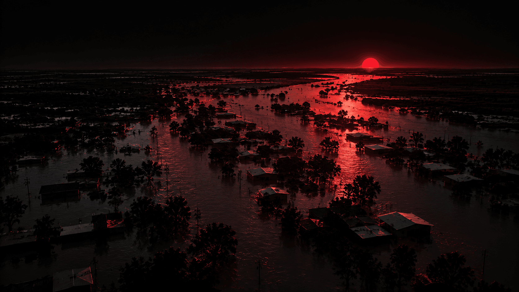 Illustrative application concept: an aerial view of a flooded community and surrounding terrain.