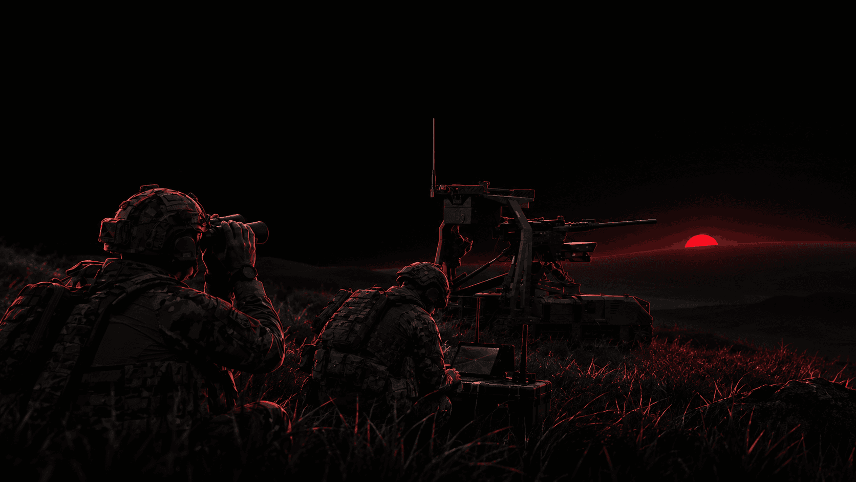 Illustrative application concept: an operator and ground system overlooking a red-lit horizon.